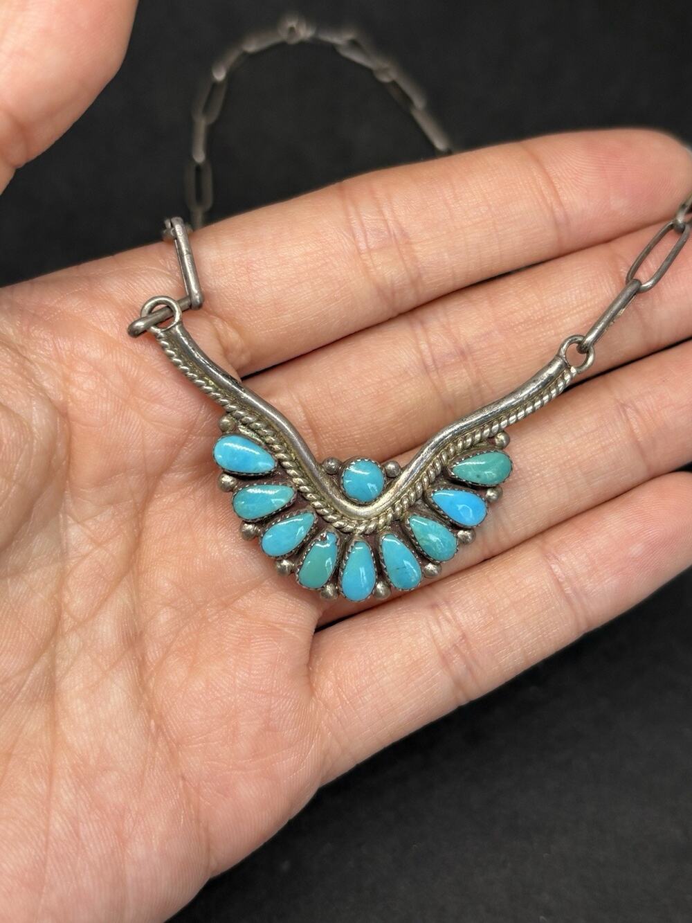 Vtg Silver Native American Turquoise Zuni Petit Point Necklace Lorraine Waatsa